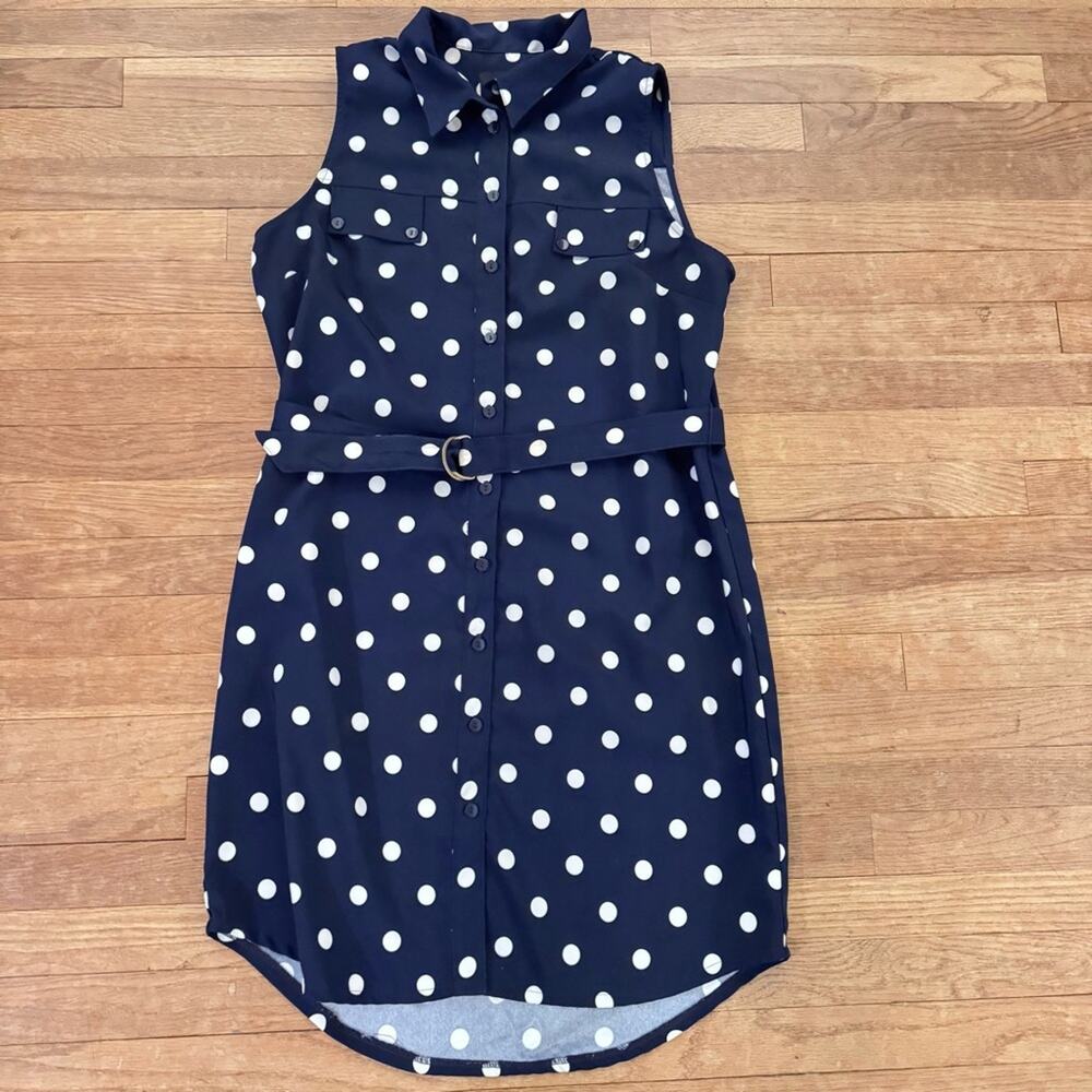 Ronni Nicole navy white polkadot sleeveless a-line belted midi dress sz 14
b73